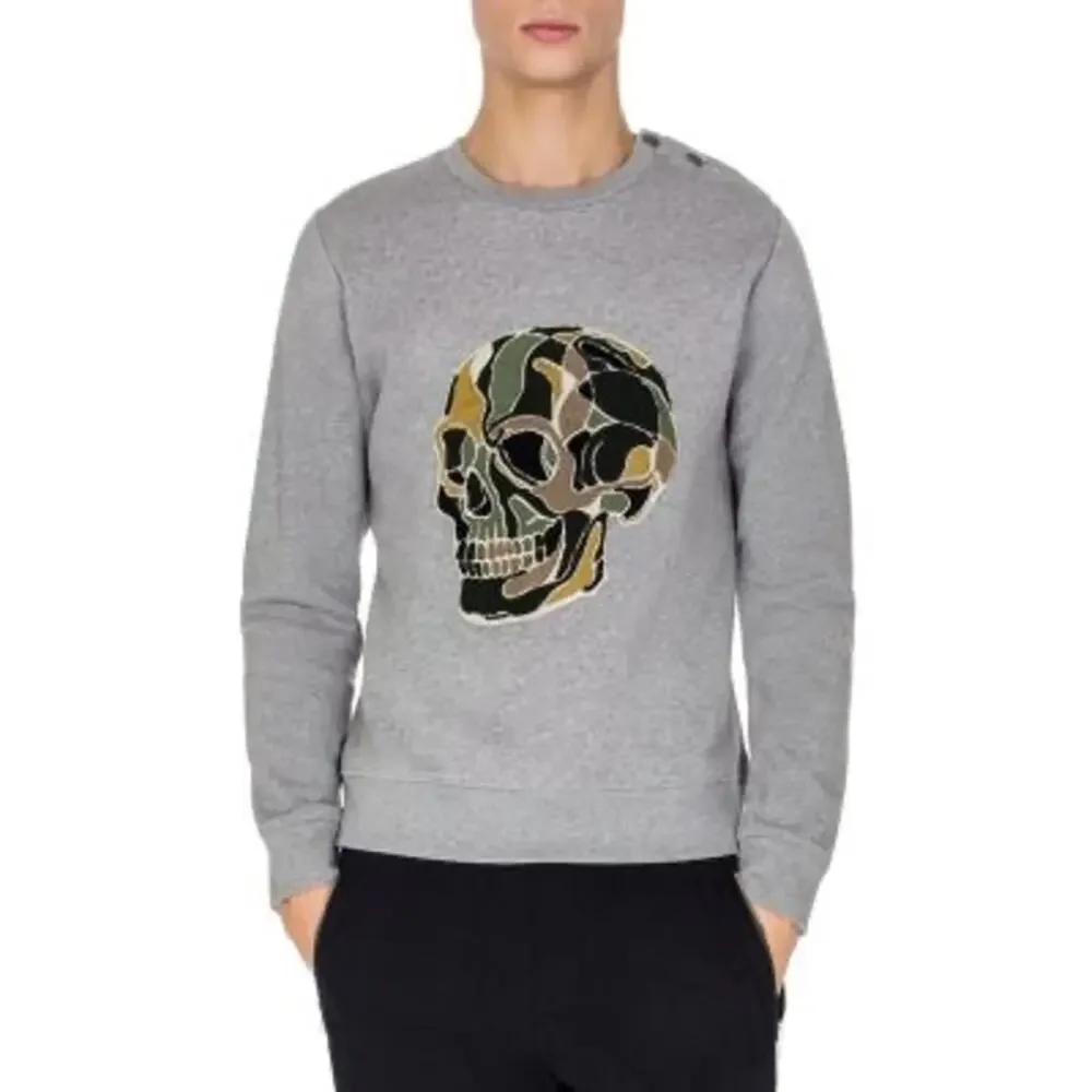 The Kooples Sport Grey + Grey Camo Skull Sweatshirt Small Raised Textured